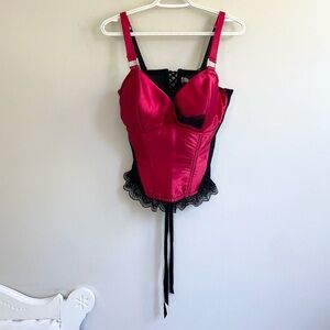 RED BLACK BUSTIER ADJUSTABLE STRAPS LACE CORSET LACES BACK SHEER MESH PADDED